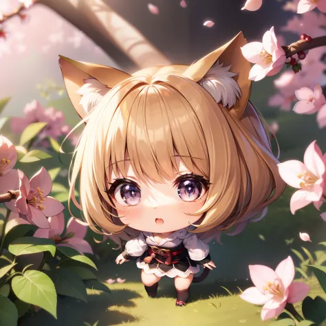 chibi cat、bright background、very cute、a blond、showy、less exposure、tiny girl、cherry blossom background、