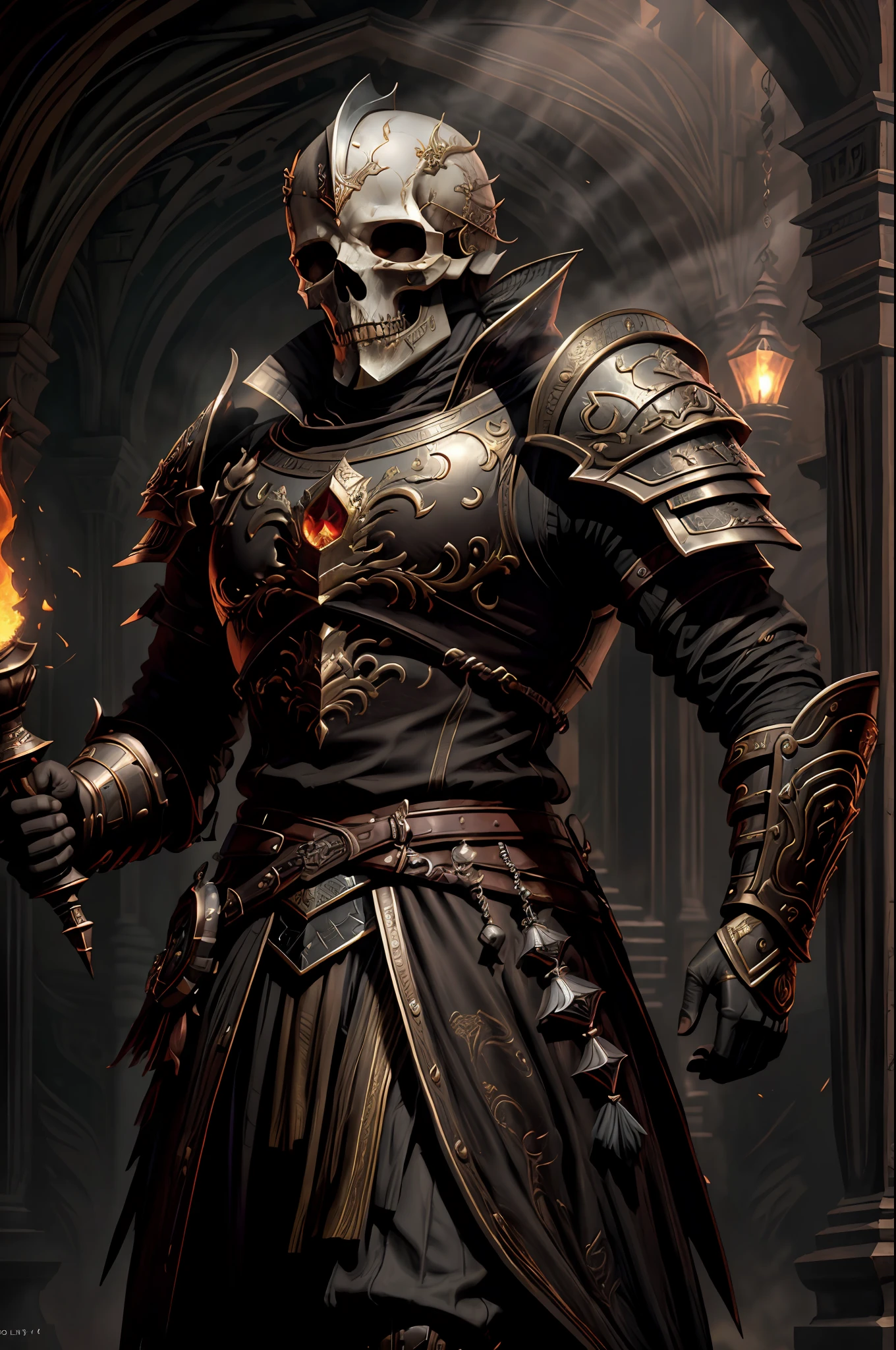 skeleton knight, White bone skull on display, without a helmet, ultra realisitic, wearing black shiny plate armor walking in a burning village, He uses a sword in one hand and a shield in the other, (intrikate: 1.4) (Masterpiece artwork: 1.4) (illustration: 1.4), red studio lighting, Post-processing, 8K resolution, darkness background, Stately , meticulously composed photos, impressive, ダークファンタジー (Por Greg Rutkowski: 1.2), (poke Daarken: 1.5)&Quot;