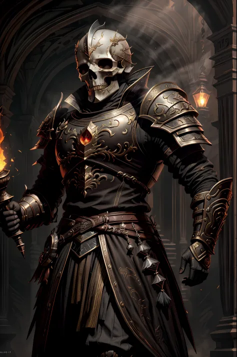 cavaleiro esqueleto, White bone skull on display, sem capacete, Ultra realista, usando armadura de placas brilhante preto andand...