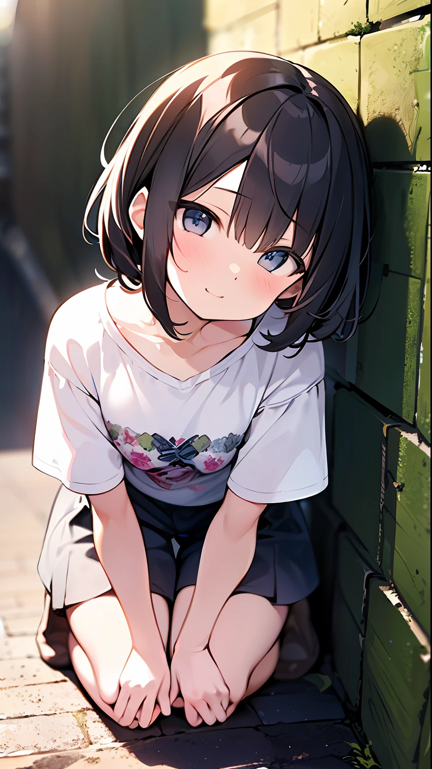 (top-quality、32K image quality、​masterpiece、nffsw:1.2)、a cute loli、Medium short hair、short braiding、beauitful face、(Slouched:1.3)、crouching down、(From  above:1.2)、(a closeup:1.4)、small curvy loli、((You can see the chest))、Bust Up Perspective、Loose baggy T-shirt、(beautiful nipple slips:0.9)、outside of house、the wind、shinny skin、blurry backround