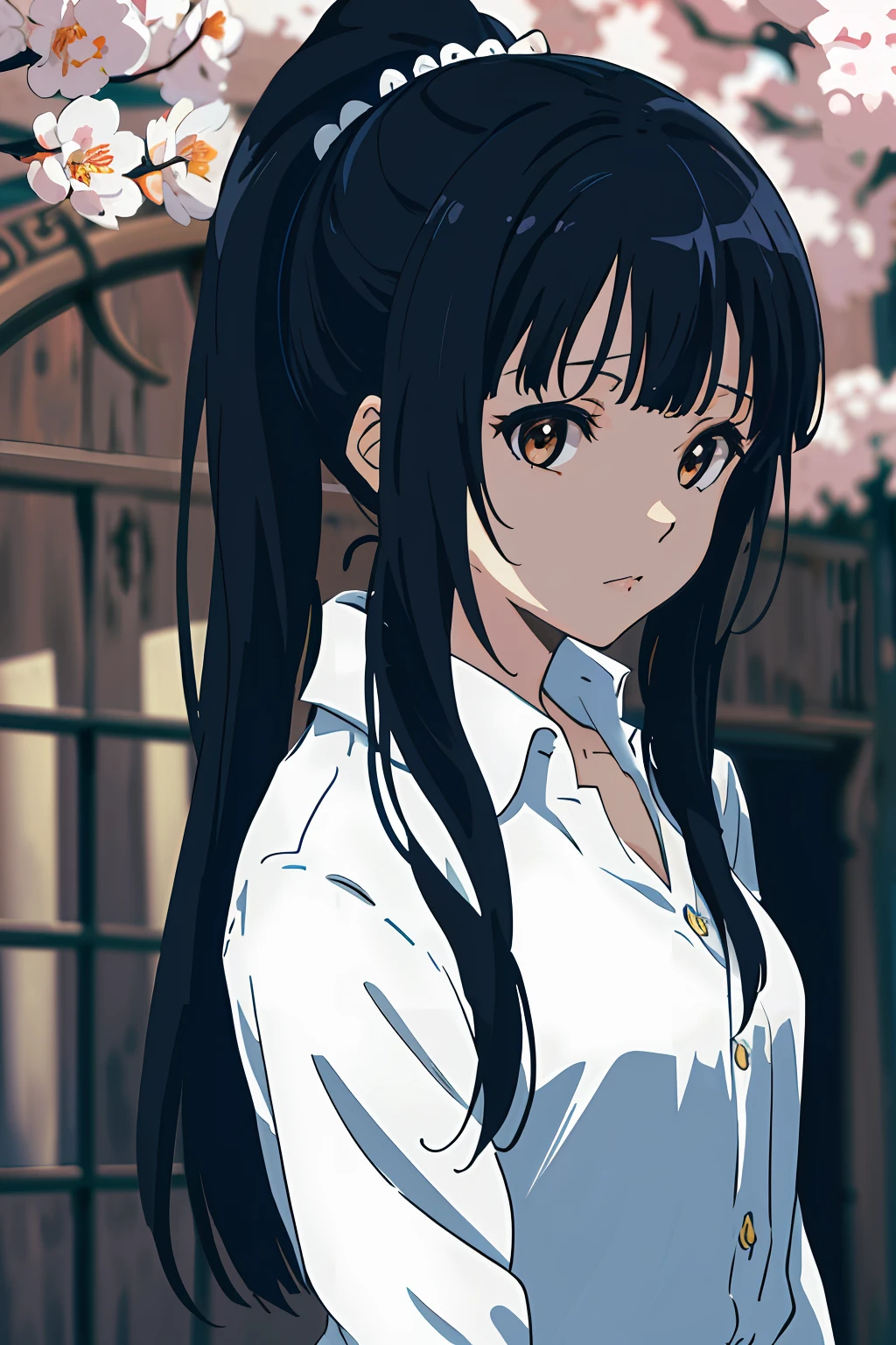 (highres, best quality:1.2), 1girl, radiance, soft contours, beautiful drawing, upper body, concept art, eyelashes, kyoani hyouka style, detailed background, bright colors, Hattori shizuka, bangs, long ponytail, looking at viewer, outdoors, White shirt,