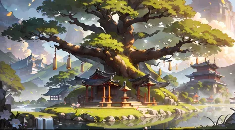 there is a huge ancient tree in the middle of the picture、the body of the tree emits golden light（golden light），thatched hut、spr...