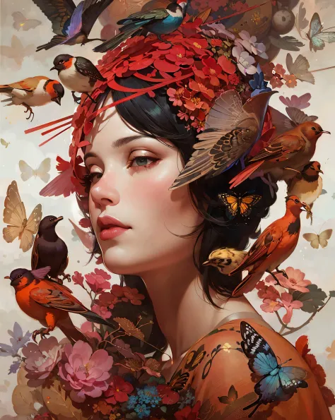 painting of a woman with flowers and butterflies in her hair, ryan hewett, Artgerm and James Jean, Beautiful digital artwork, Wa...