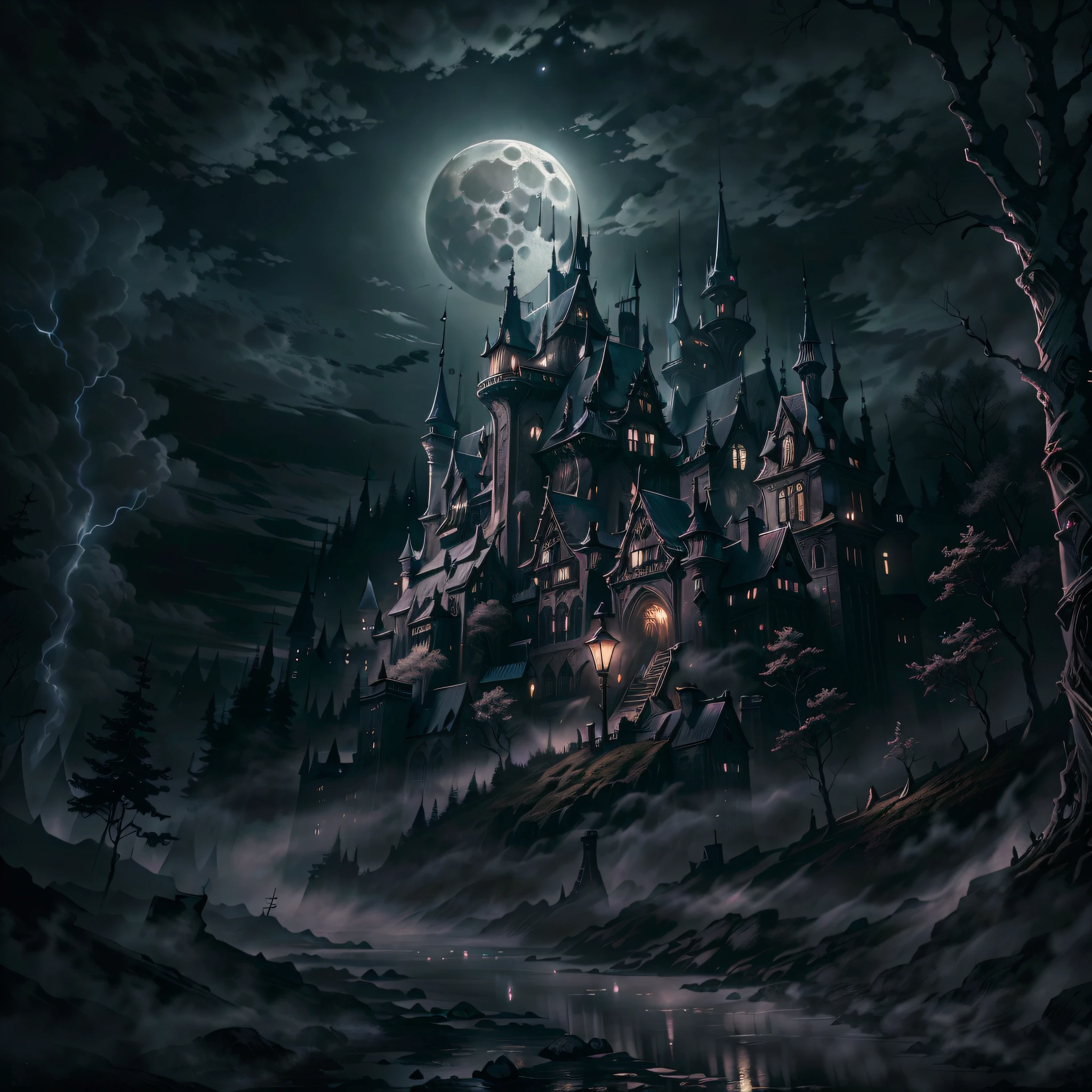 月亮, 黑夜, 阴暗的古老城堡, 背景为黑暗森林,人类发展报告,超高清,8千, 最好的质量, 杰作, 非常详细, 超精细绘画