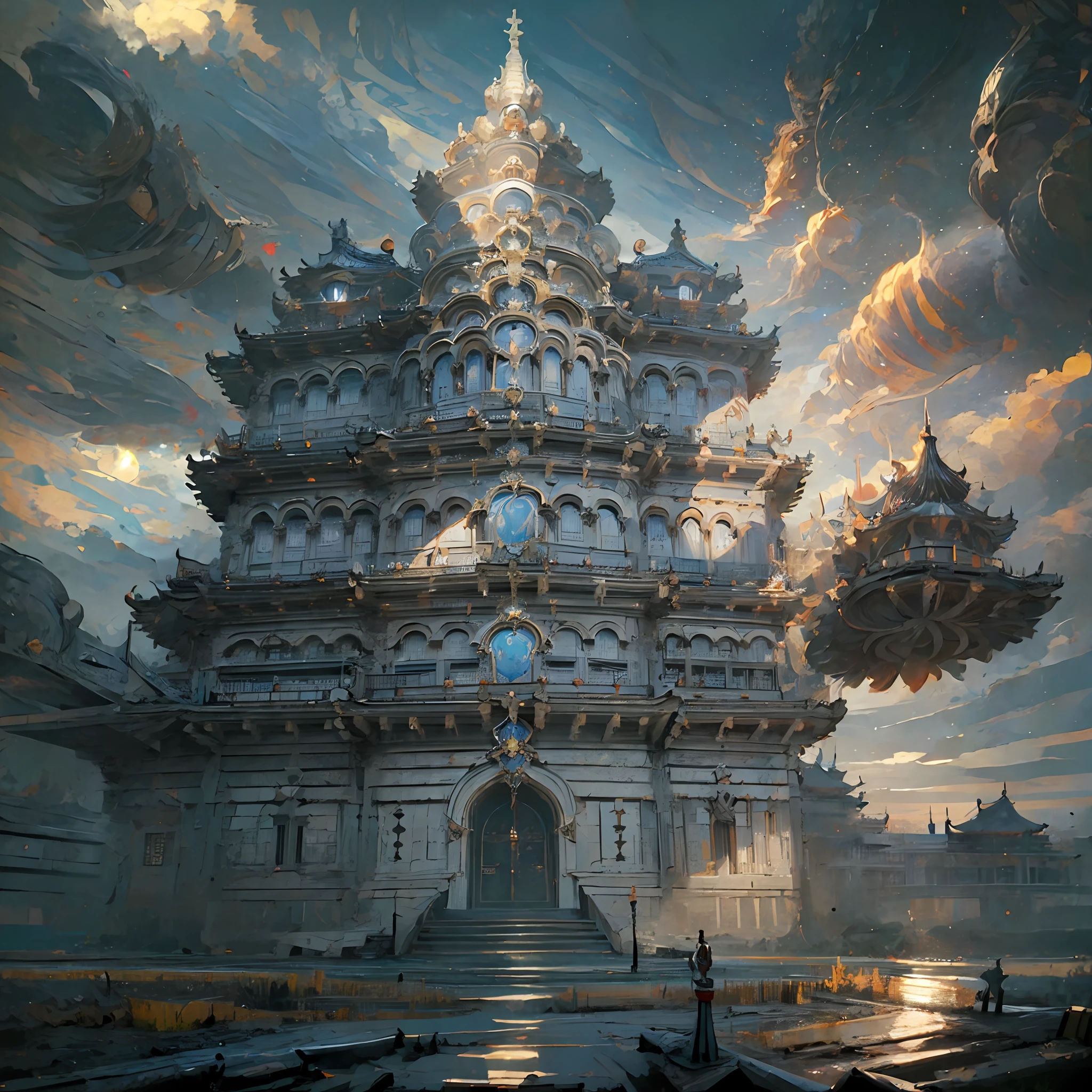 Mechanical castle，Ultimate metallic luster，The art of prisms。超高分辨率，角质的，epic shot，hyper ornate，Technological fantasy，Extreme picture quality。Color rendering，Magical light，Huge city，Sky top-down view，bird's eyes view