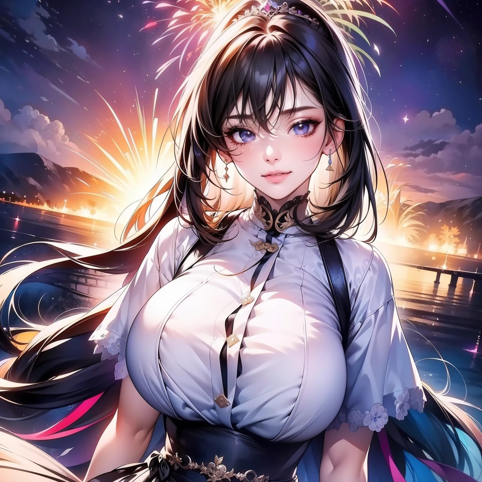 Close-up of the upper body，Purple short sleeves，Black tunic，Huge，long  skirt，Bigchest，exquisitedetails，Perfect details，sideface，White shirt，short detailed hair，nedium breasts，largeeyes，Black eyes，Sparkle，edge lit，long eyelasher，Based on physical rendering，adolable，Lateral face，with a round face，ssmile，Close-up portrait of a girl，8K,8K high quality detailed art, Beautiful 2D portrait,firework background，Extremely quality，tmasterpiece，Need，Overlooking the eve of Chang'an, Gorgeous tiara