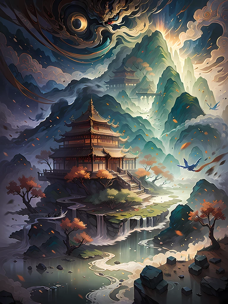 montañas de viento chinas, Río, nubes auspiciosas, pabellones, luz de sol, Obra maestra, súper detalle, Composición épica, ultra alta definición, alta calidad, extremadamente detallado, Arte oficial, Fondo de pantalla unificado de 8k, súper detalle, 32k