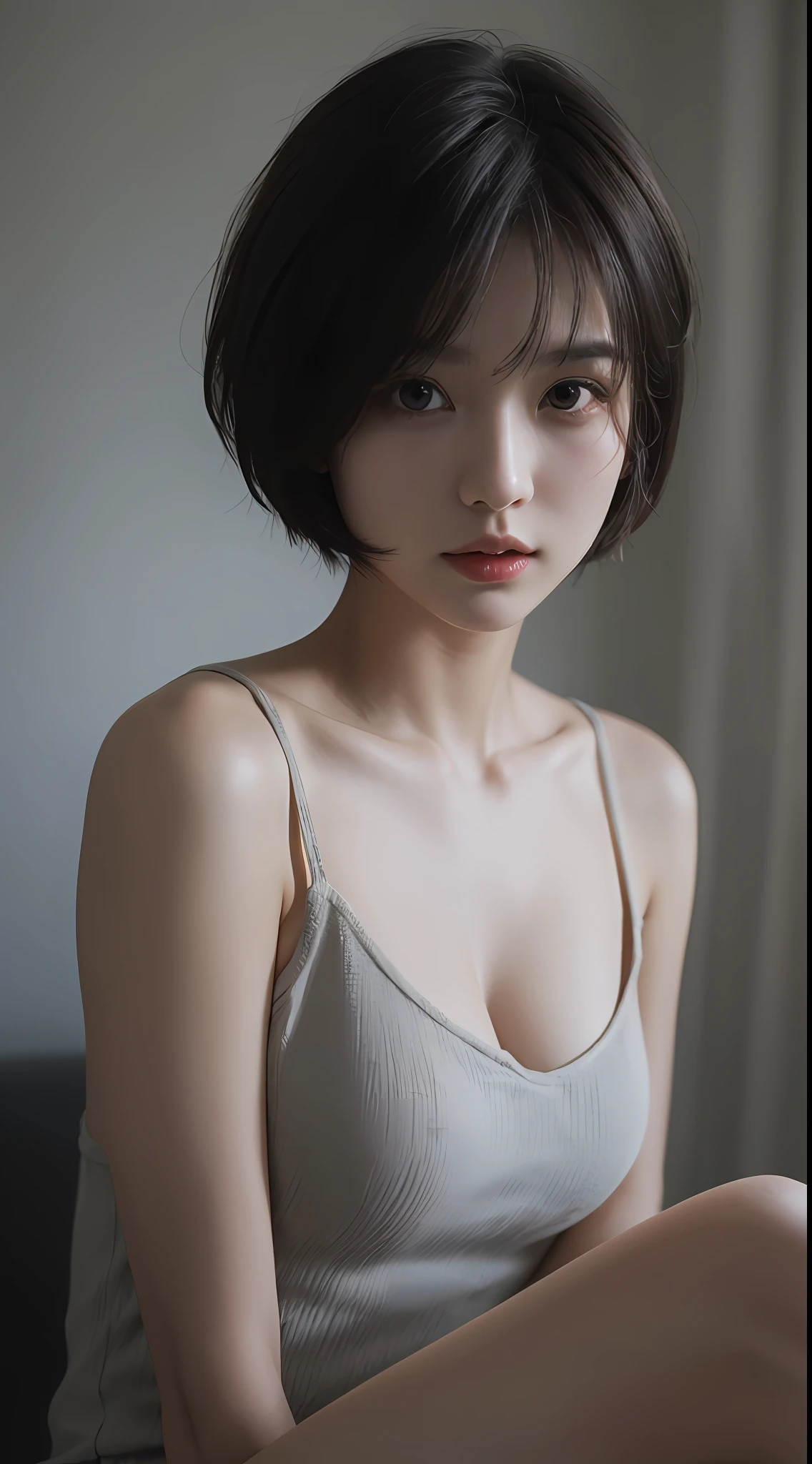 top-quality、​masterpiece、超A high resolution、(Photorealsitic:1.5)、Raw foto、1girl in、murky、deep-shadows、Unobtrusive、cold light、sexy appearance、shorth hair、((very_short_hair))