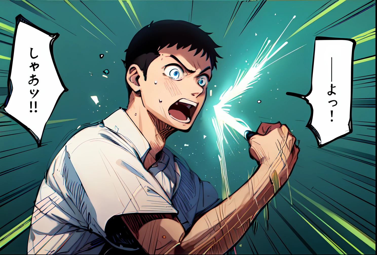 a anime of a young boy, sweat, sweatdrop, white shirt, open mouth, Caesar Cut hair, blue eyes, big round eyes, short hair, black hair color, text manga, color manga, manga color, color manga, color manga panel, simple background