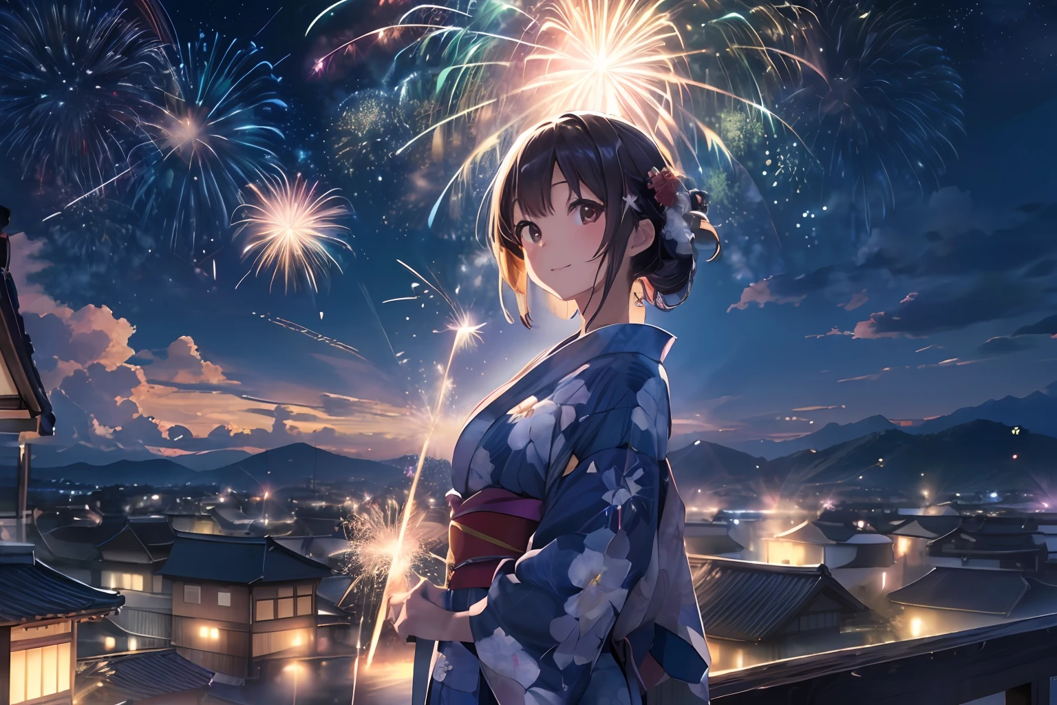 Beautiful Japan girl yukata、(Fireworks in the vast night sky),(top-quality、8K、32K、​masterpiece、nffsw:1.3)、(Photorealsitic:1.4)、Raw photography、lite smile、hair adornments,Elegant Pose、skyrocket、Fireworks glare、depth of fields、lensflare、accurate hands