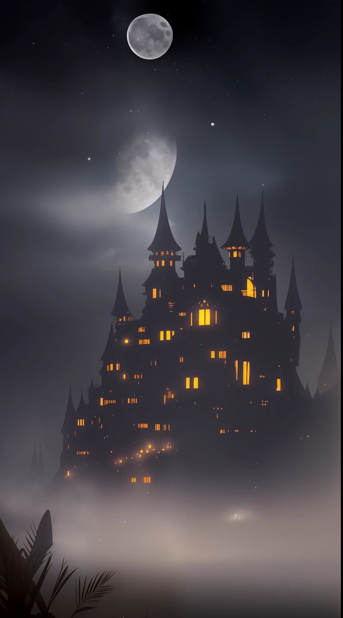 Moonlit Night Fantasy Fortress，Mysterious and dark，Clear and detailed image quality，Charming shots，Soft lighting，Great details，Transparent starry sky，Unique architecture，Blinking lights，Active character action。