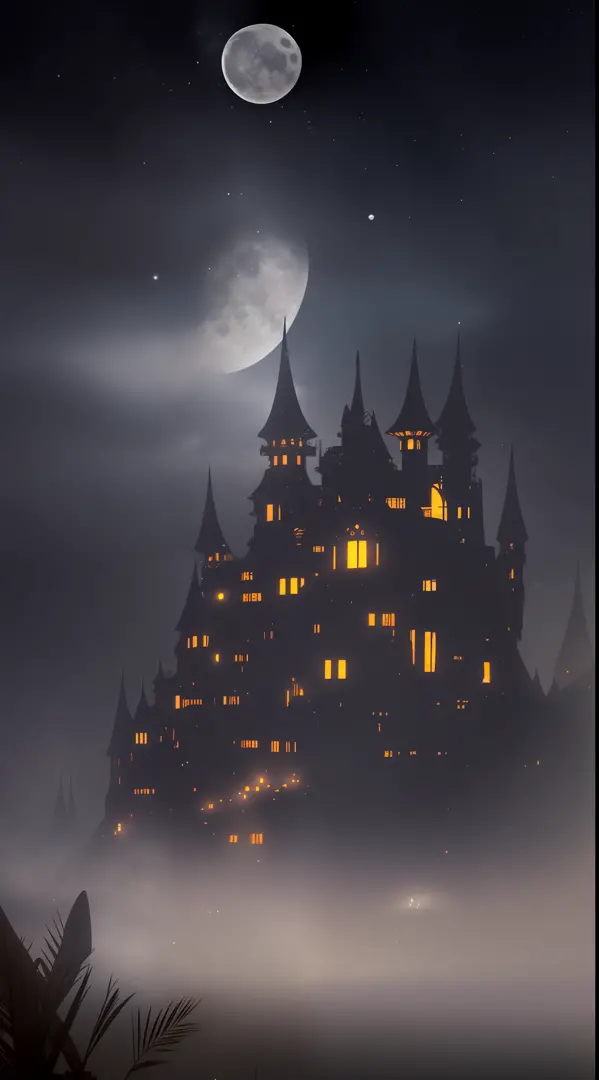 Moonlit Night Fantasy Fortress，Mysterious and dark，Clear and detailed image quality，Charming shots，Soft lighting，Great details，T...