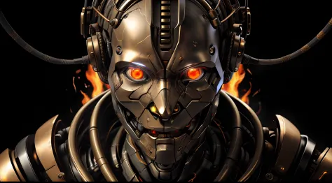 close up, face, fire eye, eye on fire ,a humanoid lauterbach robot biomechanical bronze with a head full of wires and a light co...