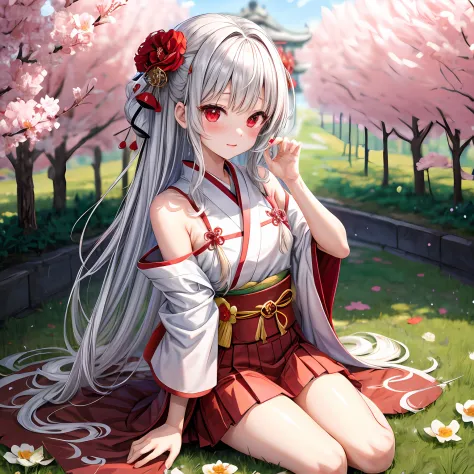 silber hair、red eyes、One girl、kawaii、animesque、Kimono、off shoulders、a miniskirt、red blush、flower  field、sitting on