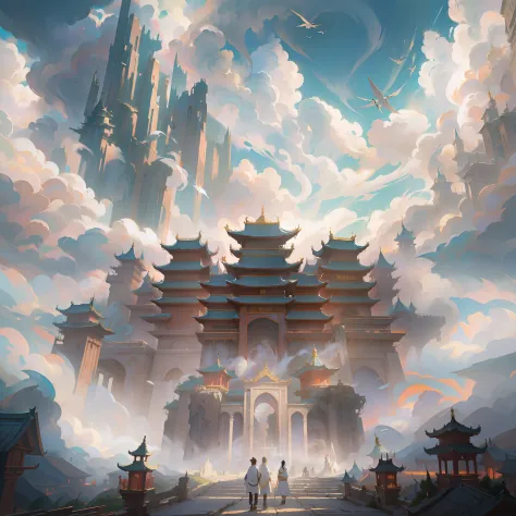 There is a picture of a tall building in the clouds, heaven gate, elaborate matte painting, Cloud Palace, palace floating in hea...