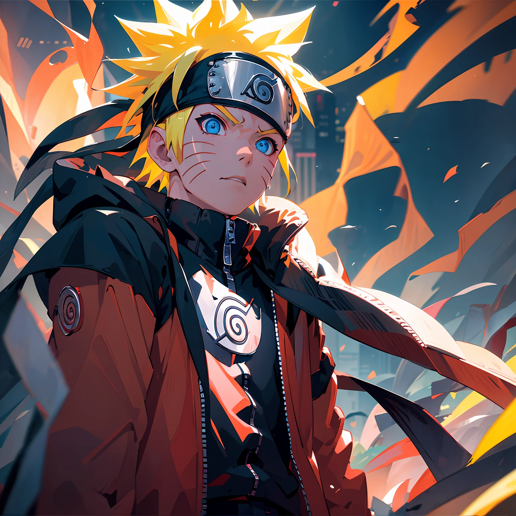 portrait, neon, 1 boy, shonen style, spiky blonde hair, scratches on cheeks, black and red clothing, leather jacket, jeans, boots, bandana with leaf symbol, perfect eyes, cool, blue eyes, full body, color --name Naruto Uzumaki --night background city with futuristic buildings and holograms