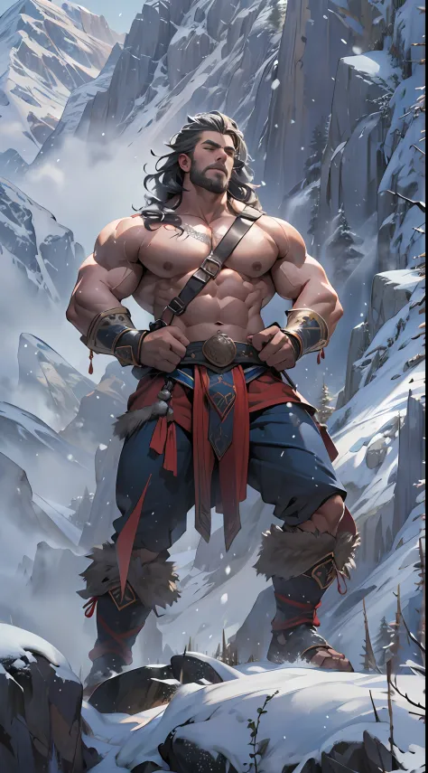 Mighty warrior, shirtless upper body, legs exposed from thighs to feet, cascading long curls, detailed muscular physique, lifelike depiction, 4K resolution. Background: Snow-covered mountain peak,32k uhd, best quality, masterpiece, super detail, high detai...
