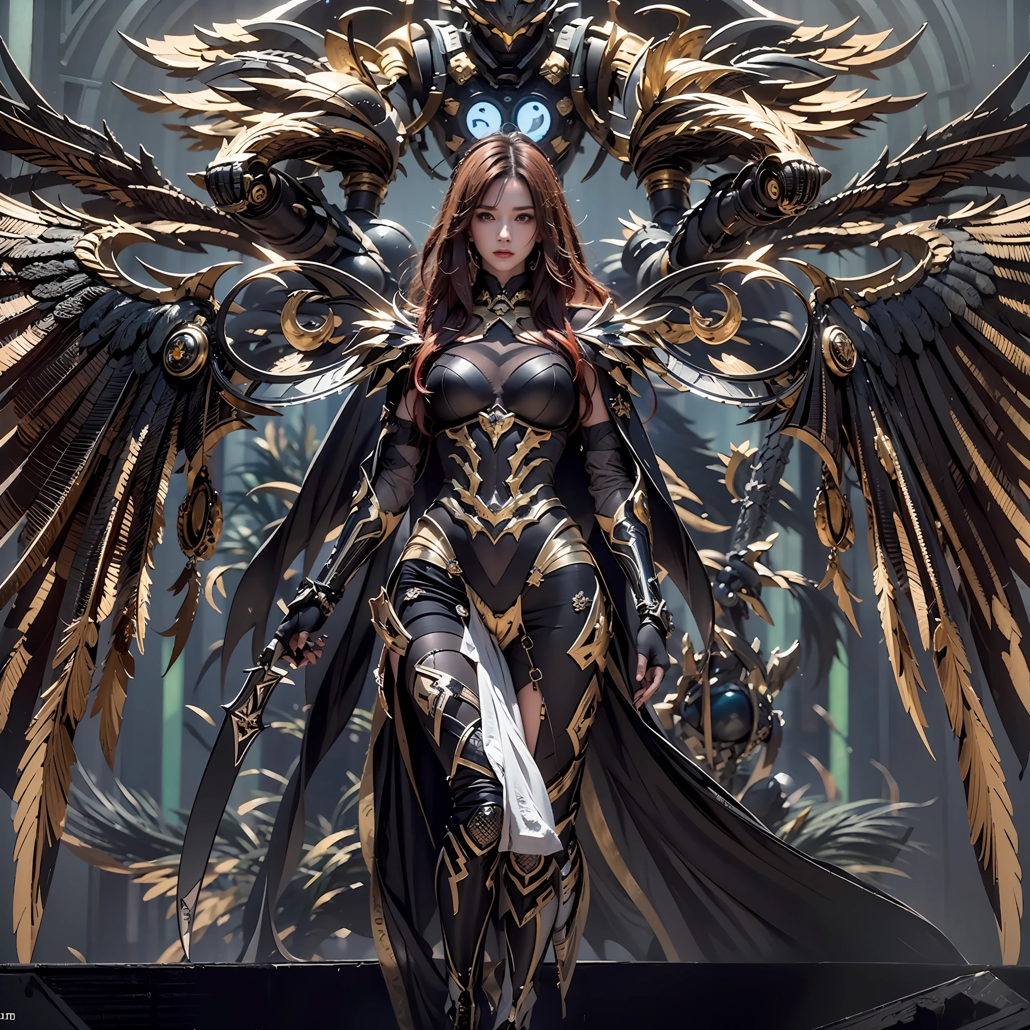 1girll，Dark Angel Warrior，(((On the back there is a pair of large black half-body wings)))，Black titanium，Metal wingetal wings）），（（Black gold metal armor）），high detal，（beautifulface），Perfect facial features，red tinted hair，Black and gold greatsword，Futuristic technical background，apathy、Aloof、On the high horse，atmospurate、macro，Realistis，hdr（HighDynamicRange）、Ray traching、NVIDIA RTX、Hyper-Resolution、illusory 5、sub surface scattering、post-proces、Anisotropy Filtering、depth of fieldaximum definition and sharpness，Surface coloring、Accurately simulate light-material interactions、perfectly proportions、rendering by octane、largeaperture、Low ISO、White balance、the rule of thirds、8K raw data、lightand shade contrast