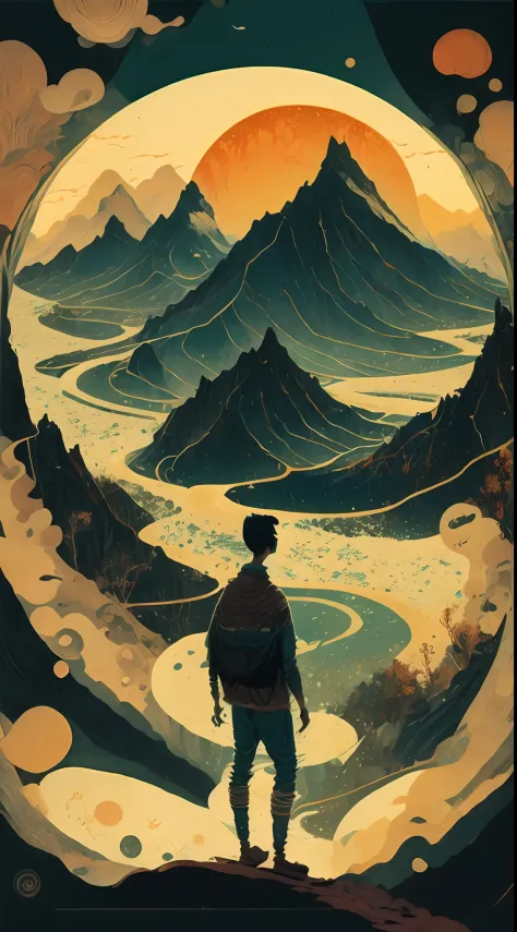 a painting of a guy standing in front of a mountain with a river running through it by victo ngai