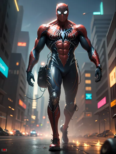Homem-Aranha, em movimentos, cyberpunk, musculoso, 8K.
