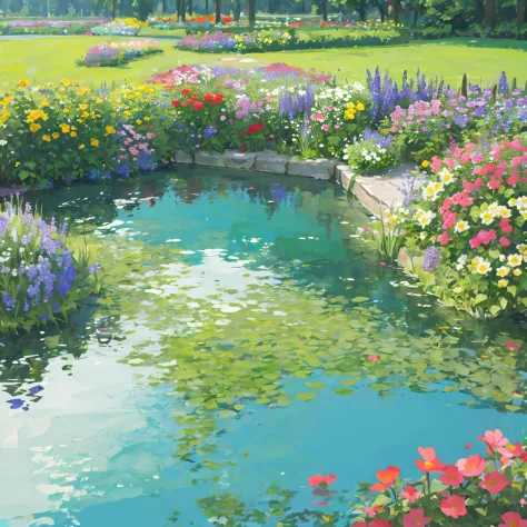 flowers,garden,lake