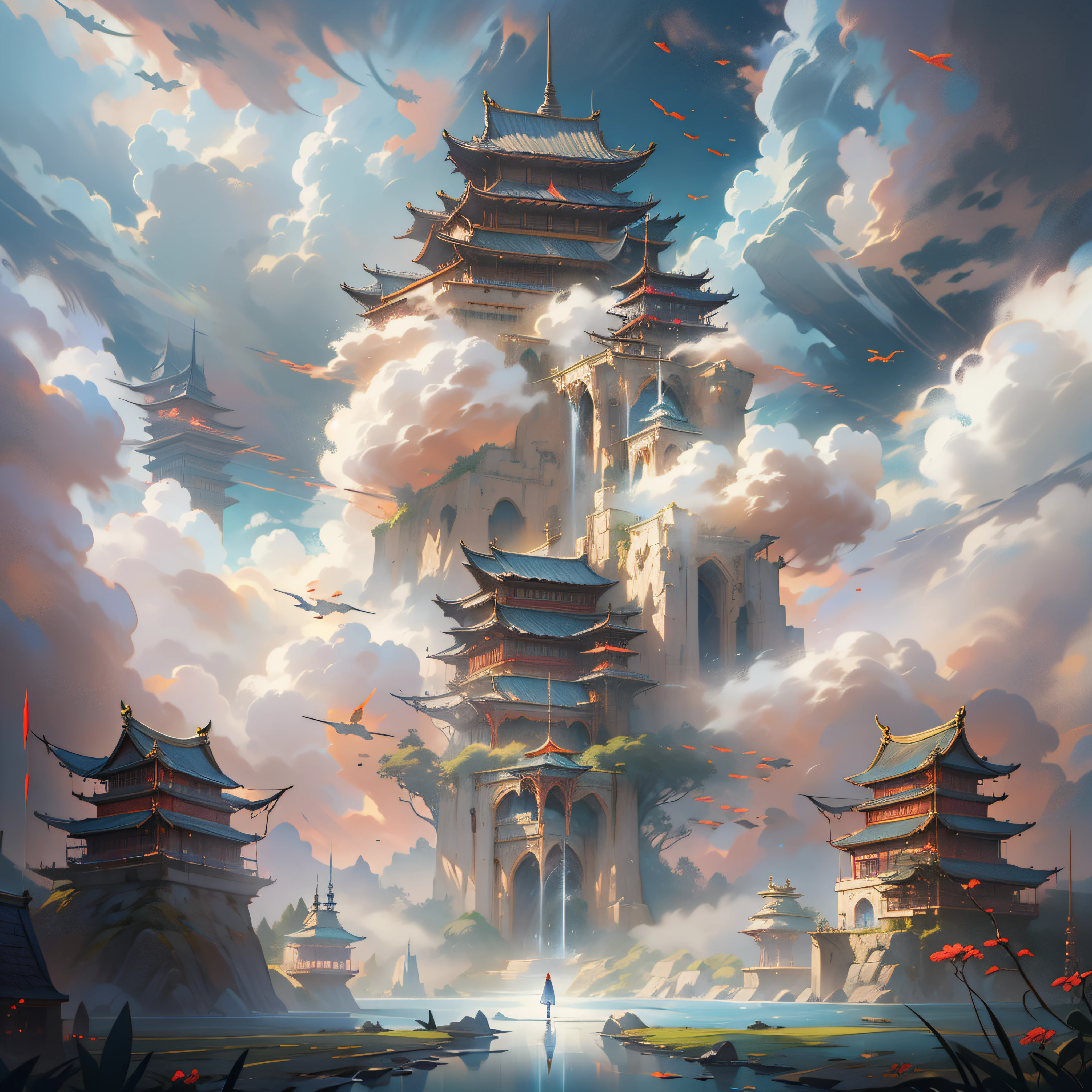有一张云层中高楼的图片, 天堂之门, 精心设计的哑光绘画, 云宫, 漂浮在天上的宫殿, 进入以太境界, 奢华的哑光绘画, 天堂之门, 精致的哑光绘画, 中国超现实主义, 戏剧性的进入, 作者：Cheng Jiasui, 阮建, 作者：朱利安, 中国奇幻, 宏伟的哑光绘画、光从背后照射