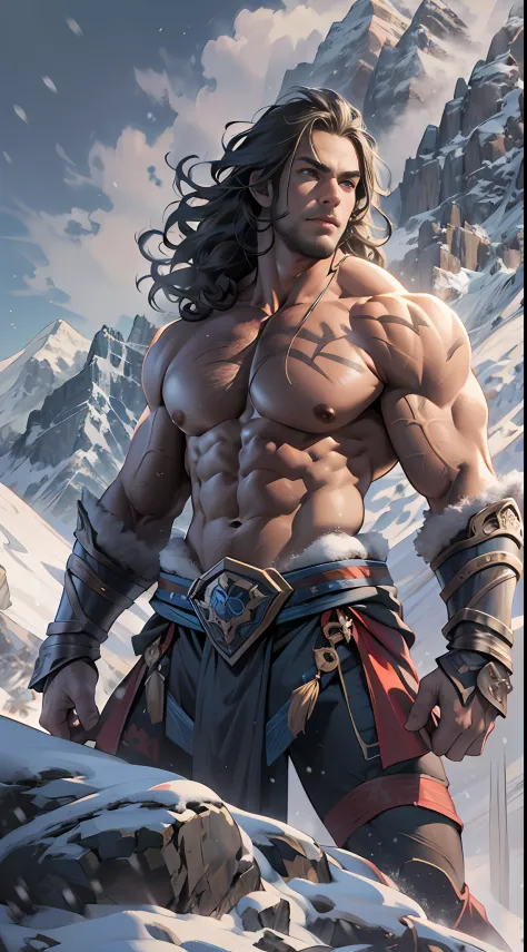 Mighty warrior, shirtless upper body, legs exposed from thighs to feet, cascading long curls, detailed muscular physique, lifeli...