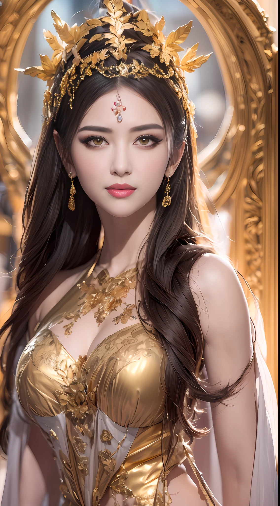 1 beautiful 27-year-old saint, charming adult saint in a long dress made of thin silk, flawless beautiful face, wearing a thin multicolored silk dress, (((Natural smile:1.0))), ((flat bangs:0.5)), (((platinum long hair:0.8))), big crown, hair brooch, hanfu dress, fanciful hanfu style, full body jewelry, forehead tattoo, super even chest, woman face, beautiful and pretty face, ((even porcelain teeth: 0.8)), The most beautiful and detailed light red lipstick, super flat big breasts, ((Thin plump lips:0.3)), ((Golden Eyes color:1.6), Detailed and delicate lighting effects, light and dark, dramatic lighting, magical light, extremely detailed light, true color, super sharp, realistic, 8k quality, fantasy universe background, saints and magical space, the most detailed images, ((Solo:0.3)), ((a saintess:0.6)), ((looking directly at the saint's upper body:0.4)), upper body, ((smooth skin:0.5)), ((the holy woman's veil:1.2)), ((solo:1.3)), ((alone girl:1.3)), female saint portrait, short images, Upper body portrait, (((open mouth:0.6))), Digital Realistic, ((fanciful red smoke effect:1.2)),