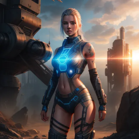 Alica Schmidt, Cyber Punk, Skimpy battle suit, partially exposed skin, tattoo, detailed skin, digital painting, Hyperrealistic, Full body, highly detailed, sharp focus, sci-fi, stunningly beautiful, volumetric, crepuscular rays