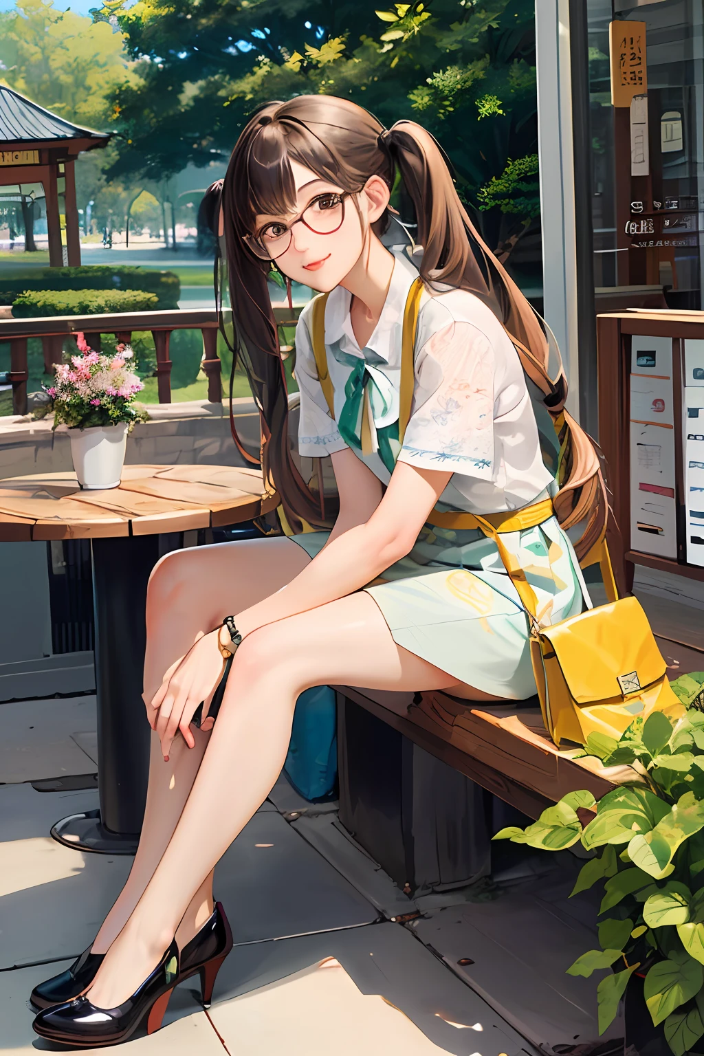 masterpiece, best quality,
1girl, looking at viewer, 
Reserved class president girl, gentle smile, relaxed posture, braided pigtails, glasses, casual and conservative outfit with tasteful details, accessories, shoes, bags, leisurely setting such as a park, cafe, or shopping mall, soft pastel colors and natural tones, background scenery with plants and animals, relaxed atmosphere,
anime, illustration,  
 detailed skin texture, detailed cloth texture,  beautiful detailed face, intricate details, ultra detailed,