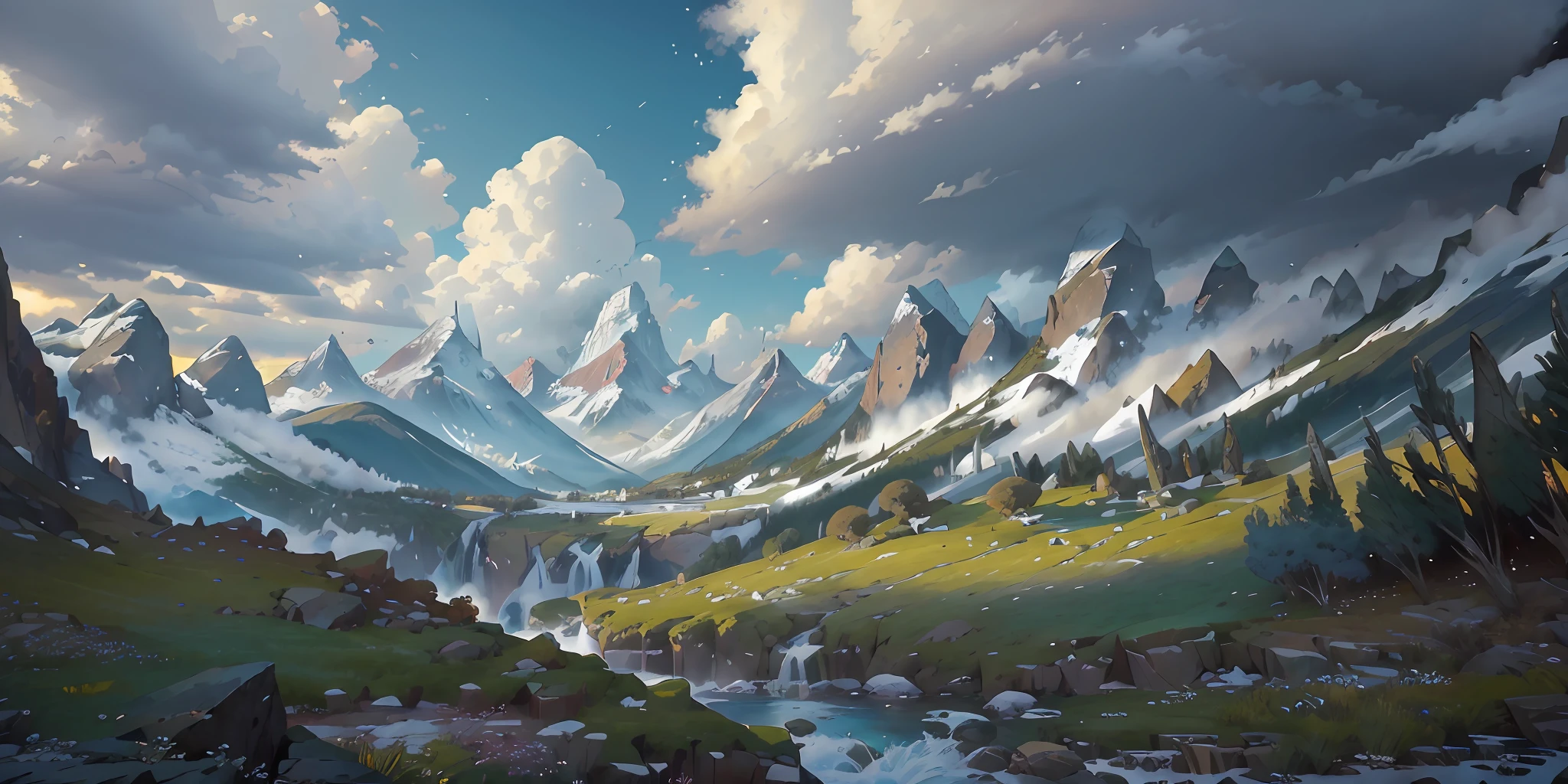 ({{A high resolution,}},Masterpiece,Ultra-detailed,Best quality,8K)vale,scenery, day,Mountain, Cloudy_sky,Winters,Outdoors, waterfallr, fantasy, horizon, cliff,landscape, mountainous_horizon ，the ocean，the trees，rios，Floating island snow-capped mountains，