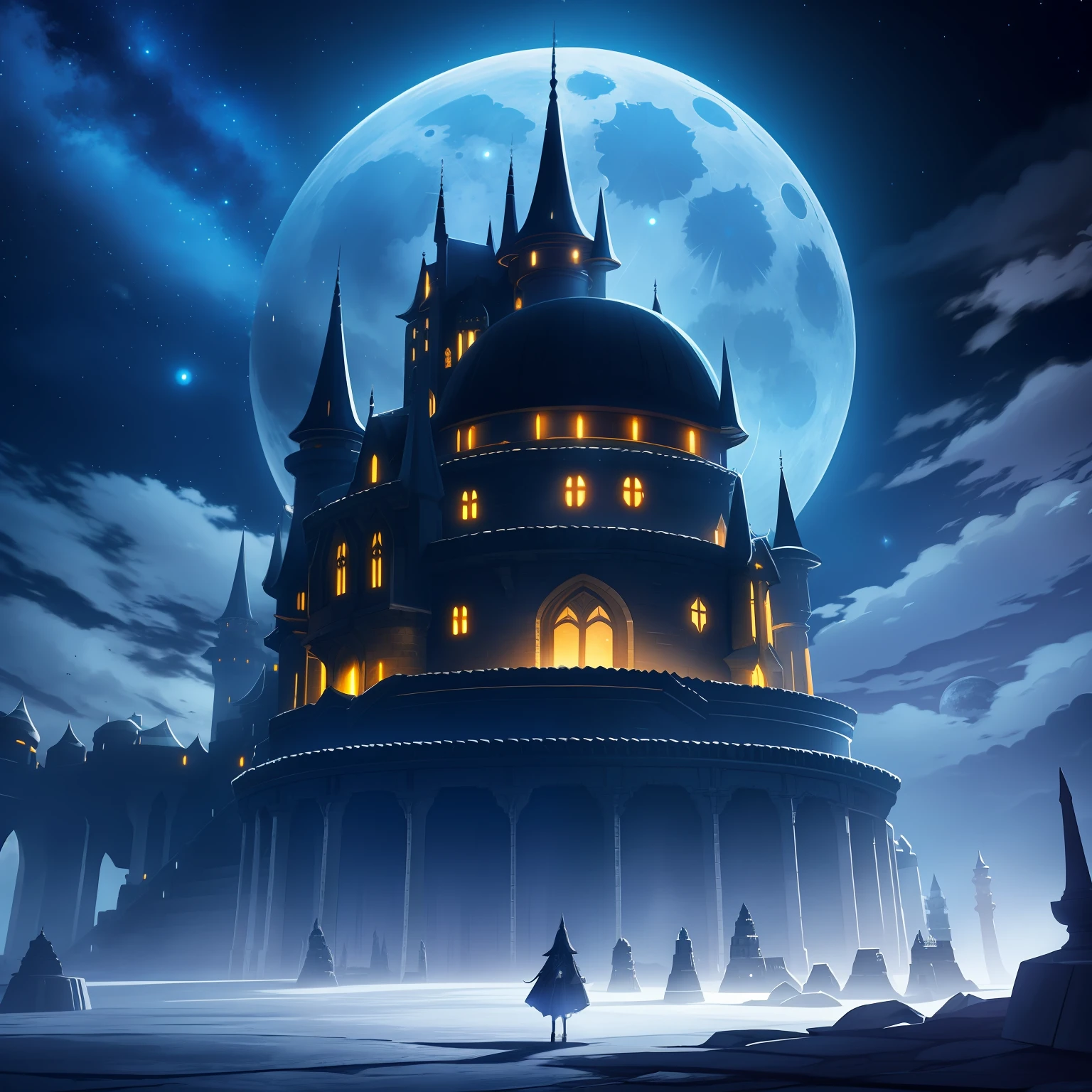 Moonlit Night Fantasy Fortress，Mysterious and dark，Clear and detailed image quality，Captivating shots，Soft lighting，Great details，Transparent starry sky，Unique architecture，Blinking lights，Active character actions。 --auto