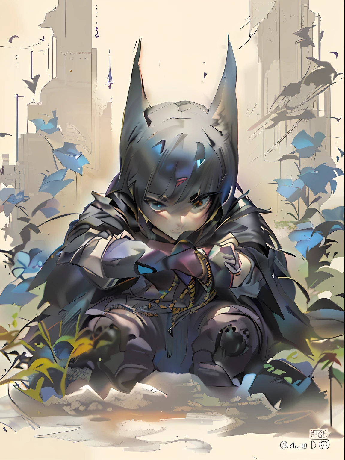 Batman sits on a rock，Blue flowers in the background, anigirl batman, batman portrait, batman mecha, batman portrait, author：Dustin Nguyen, inspired by Dustin Nguyen, by Yang J, Ross Tran 8 K, dolman, dolman, High-quality fanart, guillem h. pongiluppi, author：Arthur Penn, Kawasi, ross tran!!!, Washington, D.C. Art