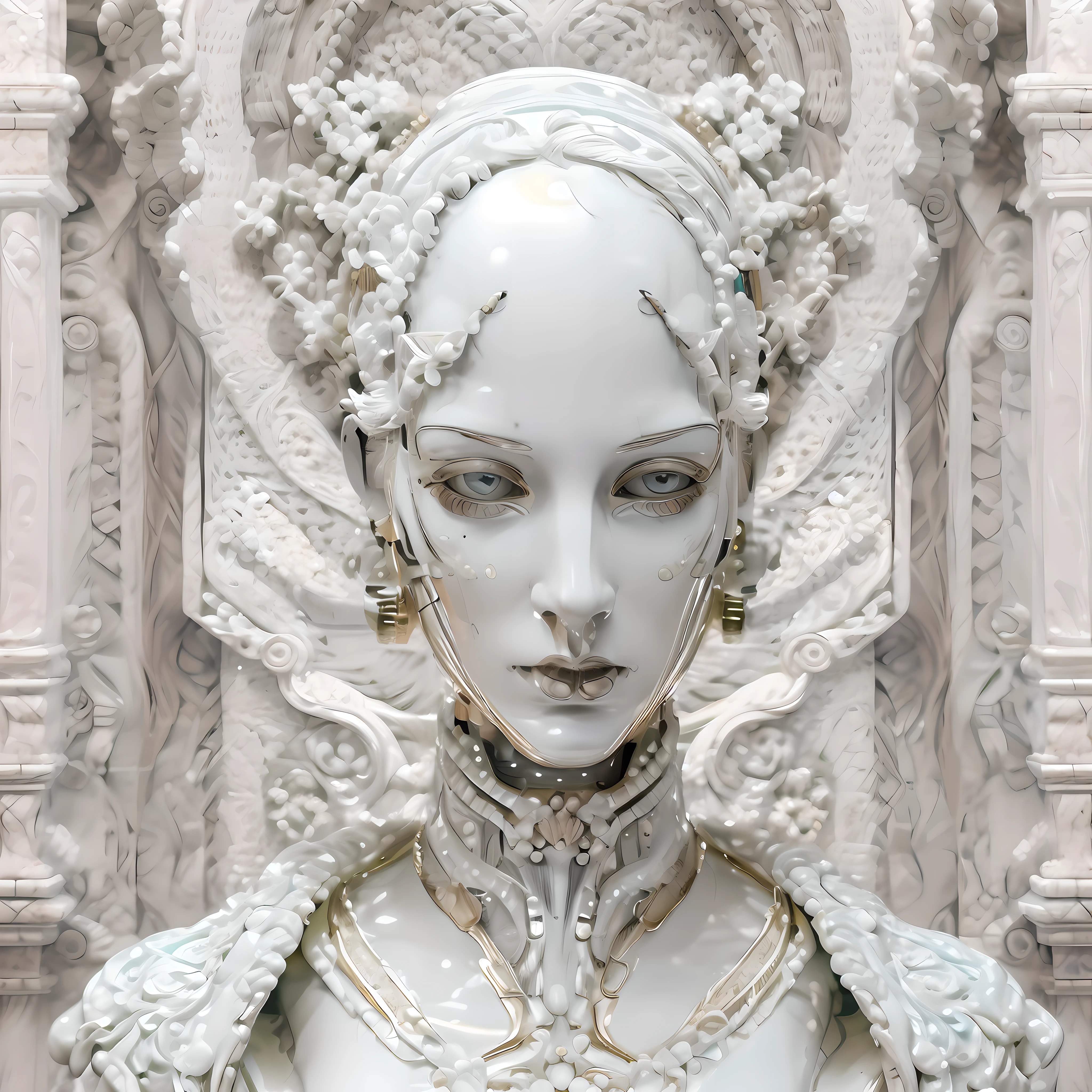 (((beautiful))) symmetrical female android, with strong androgynous facial features, face made and sculpted in fine porcelain with white marble, baroque aesthetics and art deco clothing.