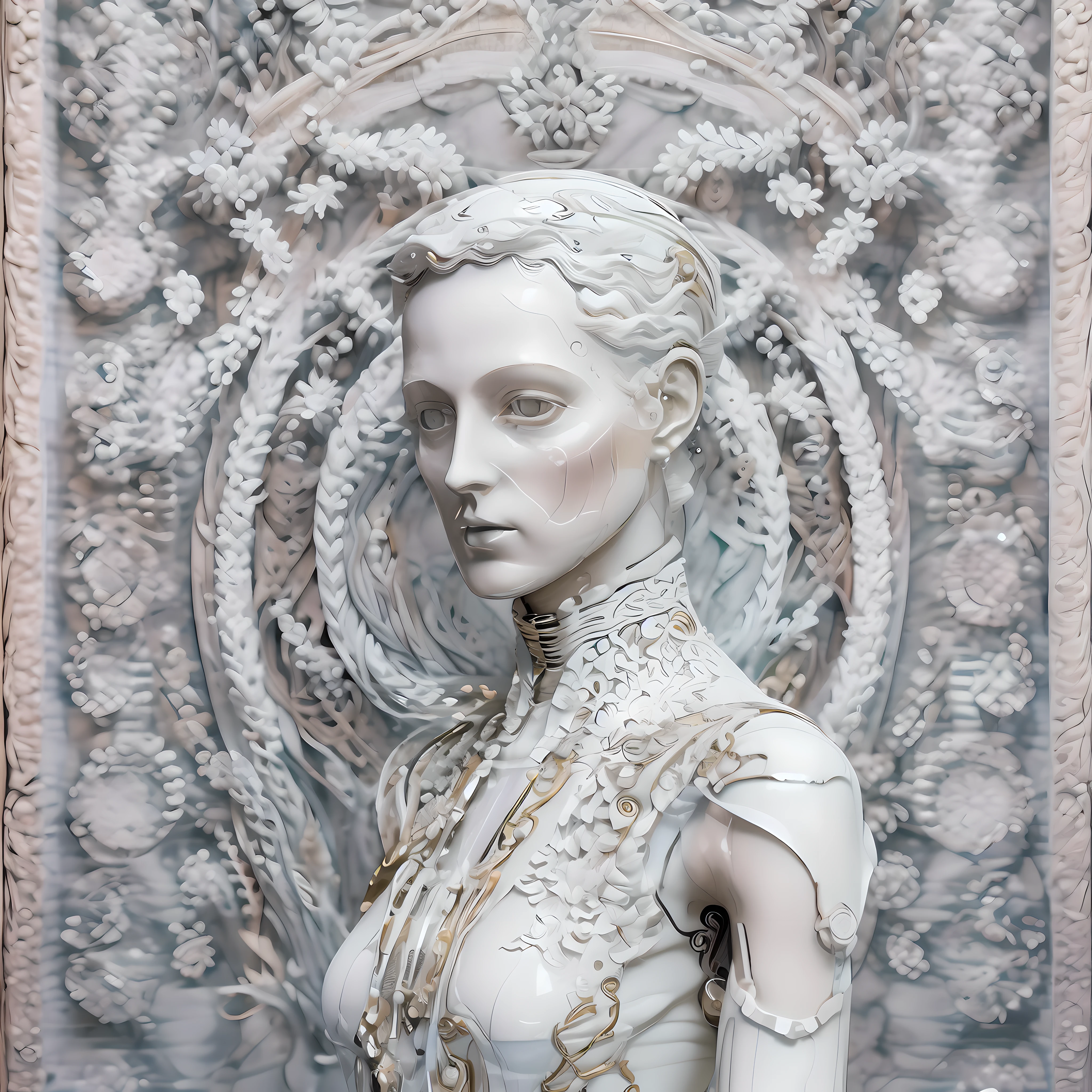 (((Beau))) Android femelle symétrique, avec de fortes caractéristiques faciales androgynes, visage réalisé et sculpté en porcelaine fine avec marbre blanc, Esthétique baroque et vêtements Art Déco.