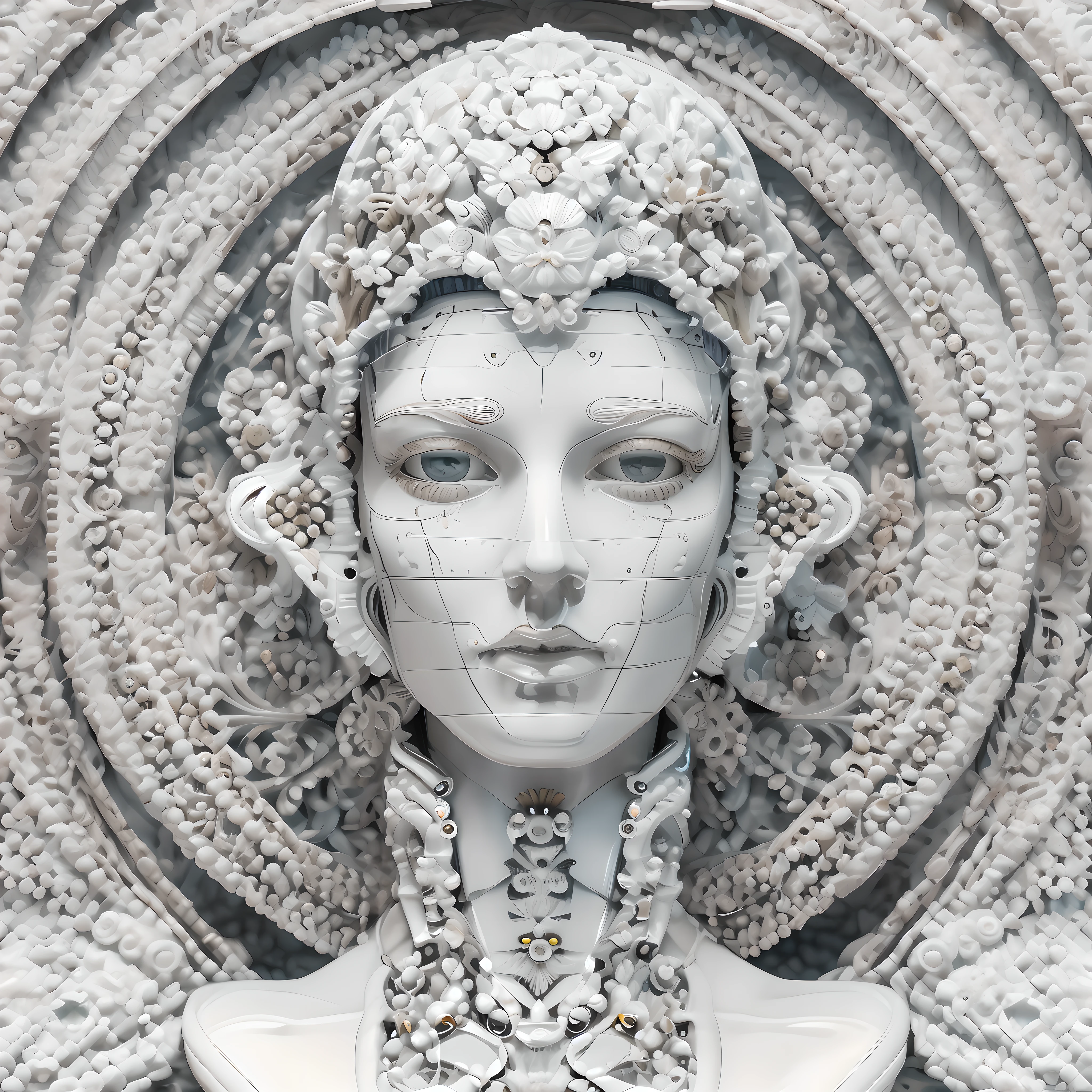 (((beautiful))) symmetrical female android, with strong androgynous facial features, face made and sculpted in fine porcelain with white marble, baroque aesthetics and art deco clothing.