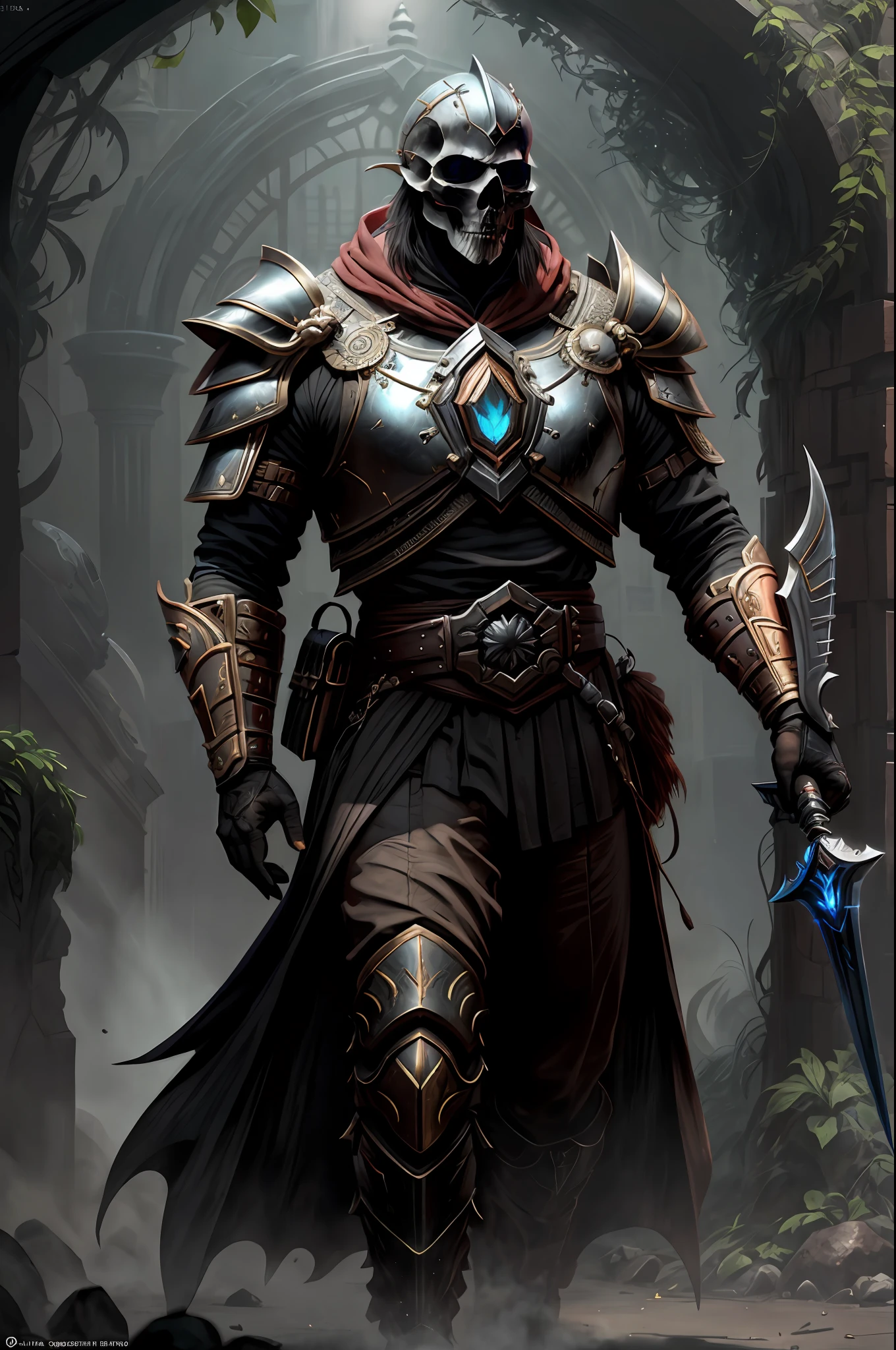 um cavaleiro esqueleto, His skull is of white bone and is on display, sem capacete, sem elmo, Ultra realista, usando armadura de placas brilhante preto andando em uma vila em chamas, He uses a sword in one hand and a shield in the other, (intrincado: 1.4) (obra-prima: 1.4) (illustration: 1.4), red studio lighting, Post-processing, 8K分辨率, fundo escuro, imponente , fotos meticulosamente compostas, impressionantes, fantasia sombria (Por Greg Rutkowski: 1.2), (por daarken: 1.5)&Quot;