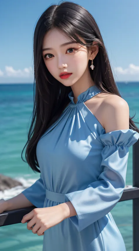 （tmasterpiece：1.2）， best qualtiy， A high resolution， Unity 8k壁纸， （illustratio：1.0）， beatiful detailed eyes：， Extremely detailed face， perfect litthing， extremaly detailed cg， 1girll， black_eyes， black_hair， blue_background， blue_sky， daysies， halter， cpart...