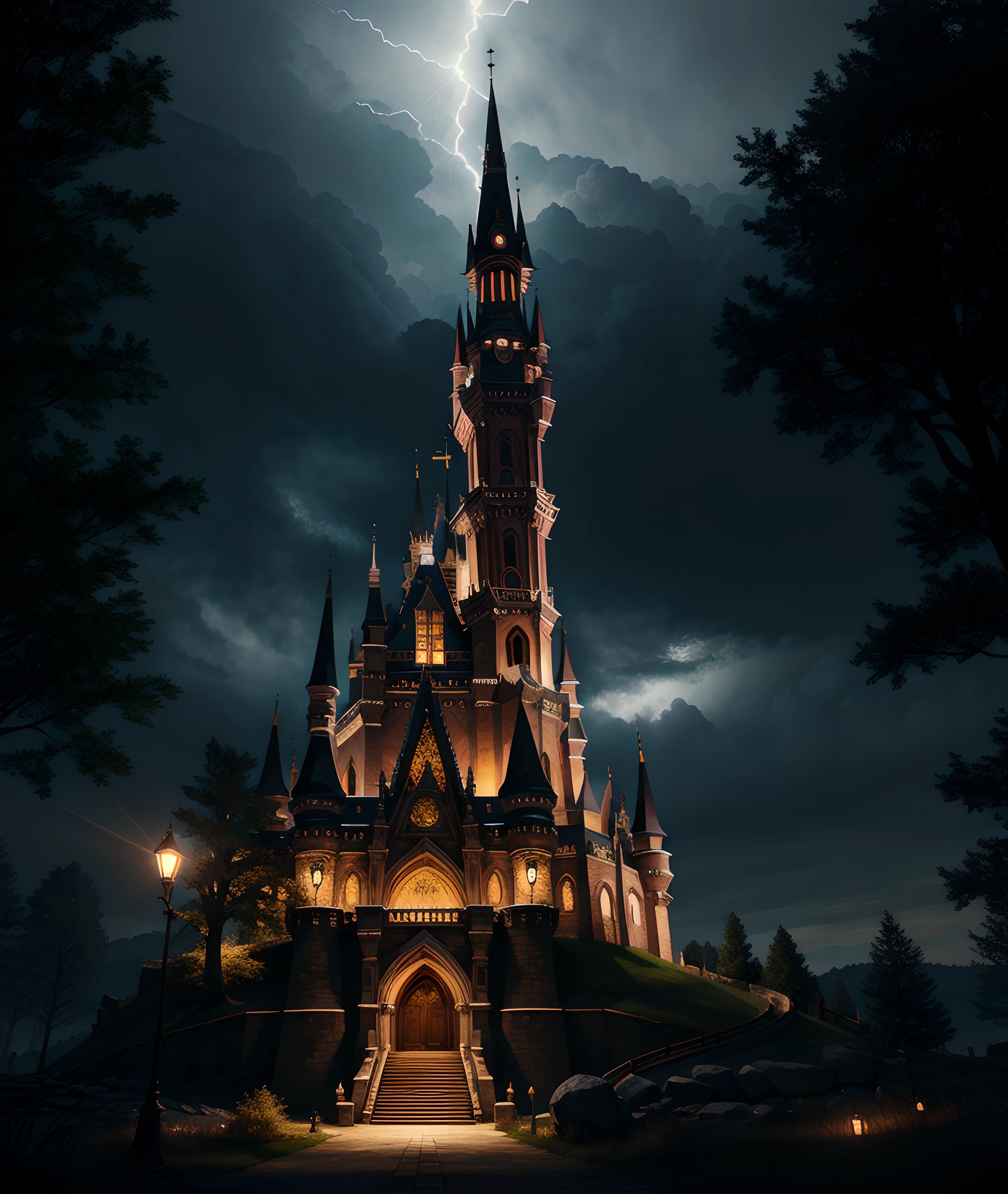 Masterpiece, extremely detailed, UHD 8k, octane render high detail, hyper-detail, create a castle dark and errie it's very presense in the world strikes fear that there is something ethereal even evil in the world that is unexplainable, there is candlelight projecting an evil light, ominous, moonlight, mist, forest surrounding, award winning photography, Photorealistic, volumetric lightning, subdued colors, darkness, dramatic lighting