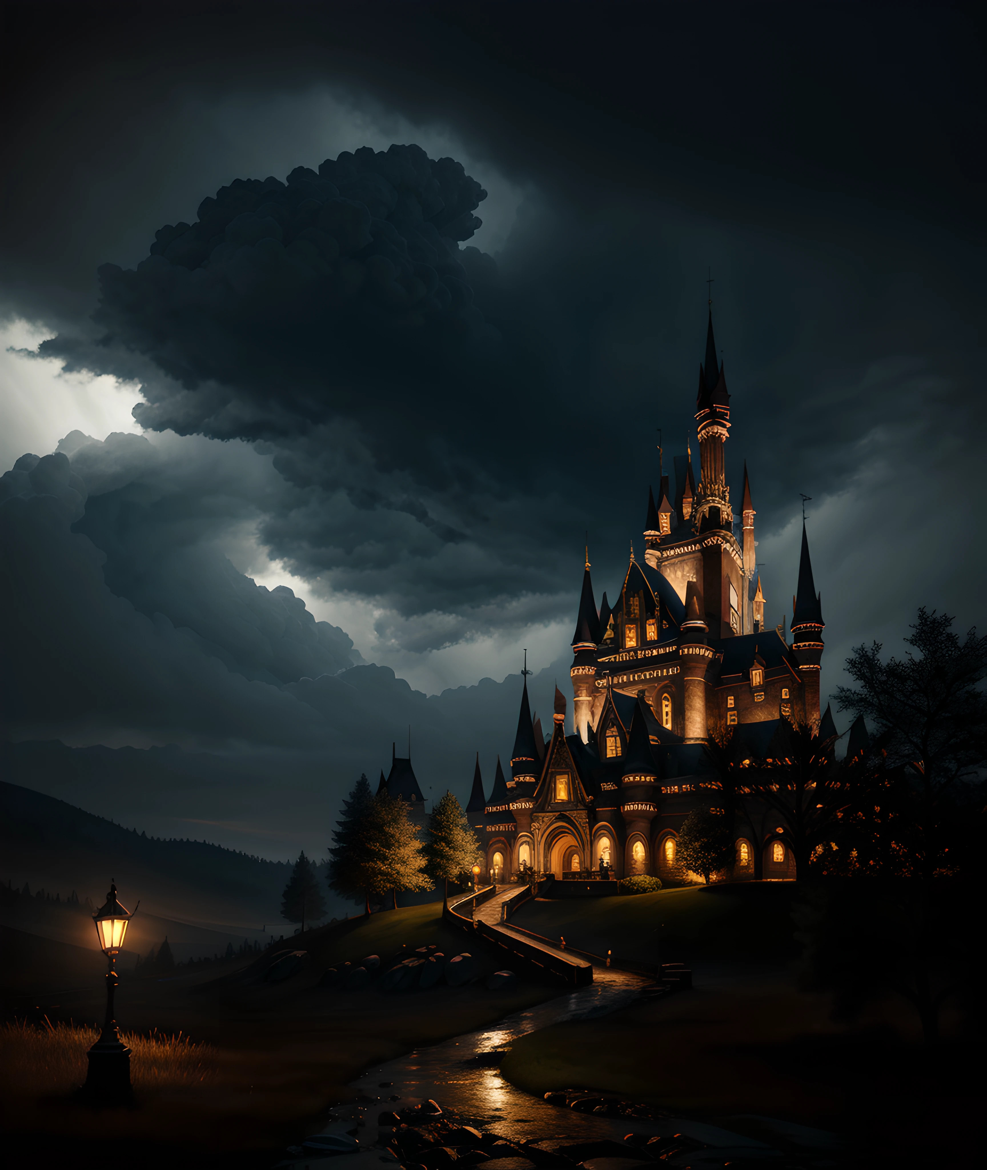 Masterpiece, extremely detailed, UHD 8k, octane render high detail, hyper-detail, create a castle dark and errie it's very presense in the world strikes fear that there is something ethereal even evil in the world that is unexplainable, there is candlelight projecting an evil light, ominous, moonlight, mist, forest surrounding, award winning photography, Photorealistic, volumetric lightning, subdued colors, darkness, dramatic lighting