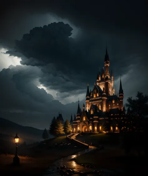 Masterpiece, extremely detailed, UHD 8k, octane render high detail, hyper-detail, create a castle dark and errie it's very prese...
