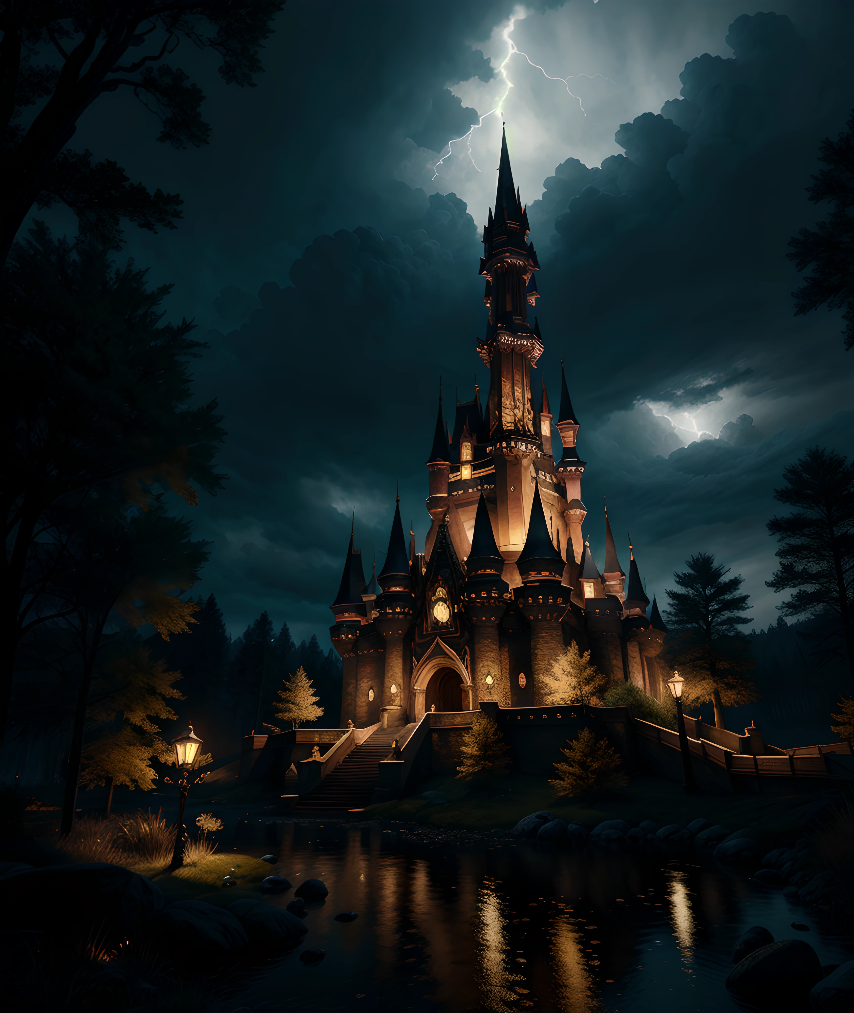 Masterpiece, extremely detailed, UHD 8k, octane render high detail, hyper-detail, create a castle dark and errie it's very presense in the world strikes fear that there is something ethereal even evil in the world that is unexplainable, there is candlelight projecting an evil light, ominous, moonlight, mist, forest surrounding, award winning photography, Photorealistic, volumetric lightning, subdued colors, darkness, dramatic lighting