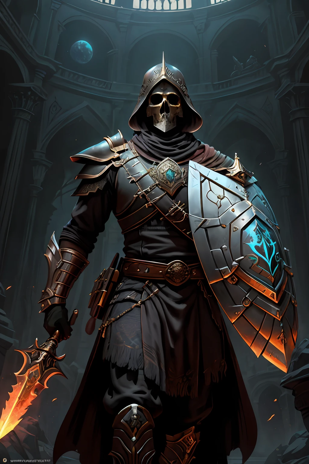 a skeleton knight, His skull is of white bone and is on display, without a helmet, without helmet, ultra realisitic, wearing black shiny plate armor walking in a burning village, He uses a sword in one hand and a shield in the other, (intrikate: 1.4) (Masterpiece artwork: 1.4) (illustration: 1.4), red studio lighting, Post-processing, 8K resolution, darkness background, Stately , meticulously composed photos, impressive, ダークファンタジー (Por Greg Rutkowski: 1.2), (poke Daarken: 1.5)&Quot;