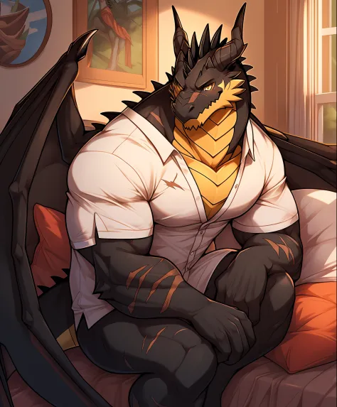 Western Black Dragon，Height Long thick legs，Casual attire，Bright golden eyes，toned figure，Overbearing and rigorous personality，sit on a bed，is handsome and charming，There are scars on the chest and cheeks，Full of sexual tension，The tail of the black dragon...