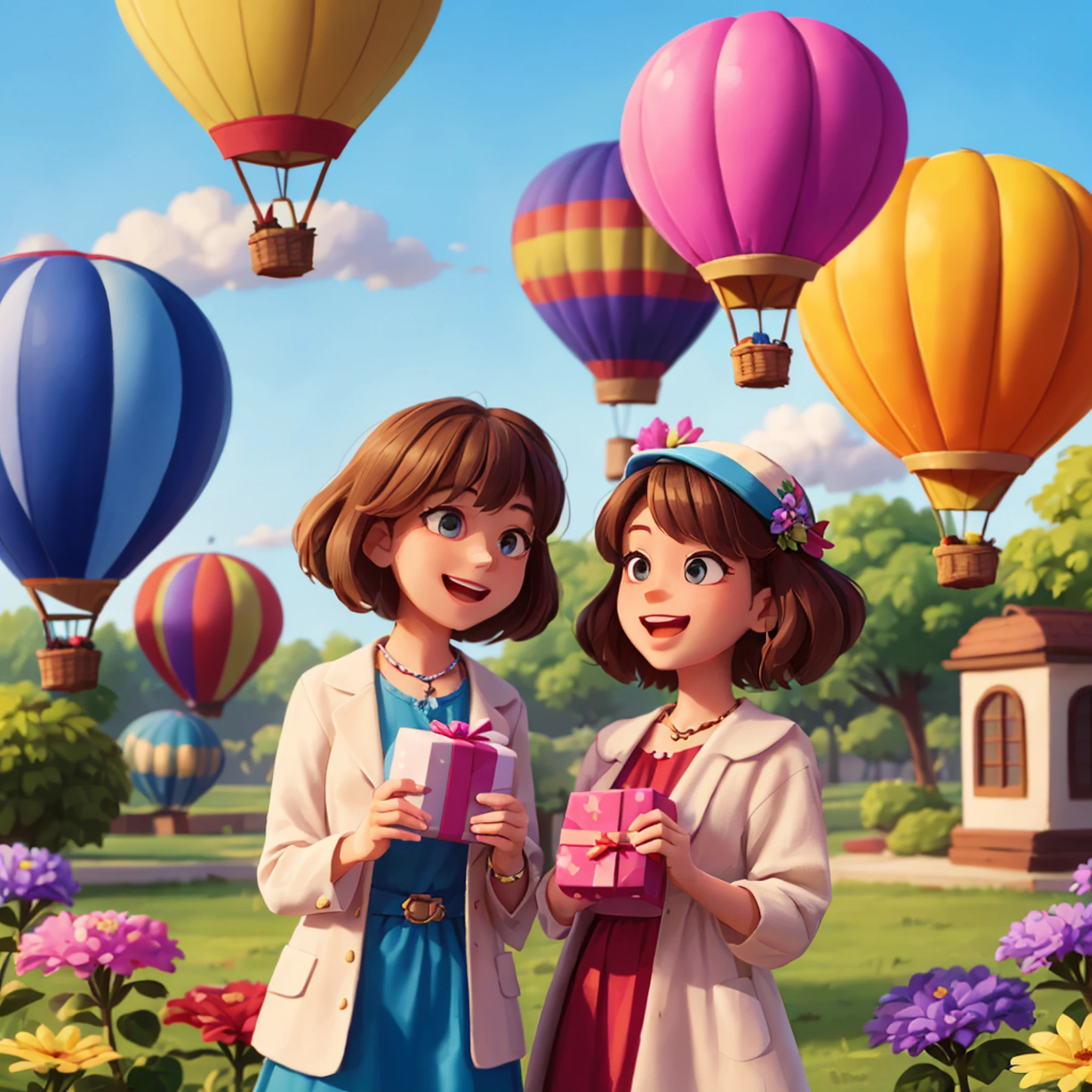 Two women sitting on the grass，With a red cap，Big red volunteer vest，Laughed happily，Both men were holding large gift bags，Balloon blue sky and white clouds in the background, Flowers around，Greenery，Sit in front position，bust，lovely digital painting, Beautiful digital illustration