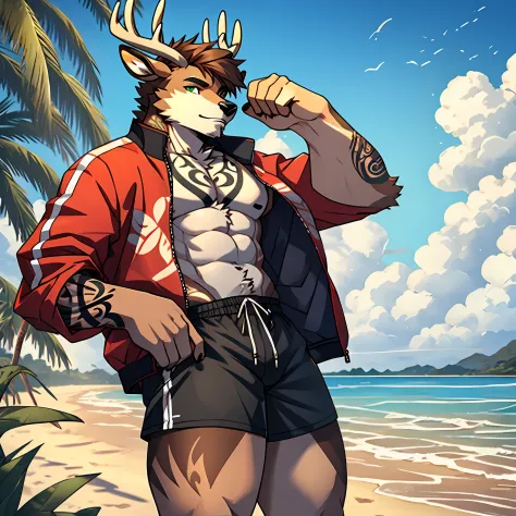 Furry，green windbreaker，brown shorts，Short brown hair，deer antlers，Tattooed with，musculature，solo person，beachside，Men listen to...