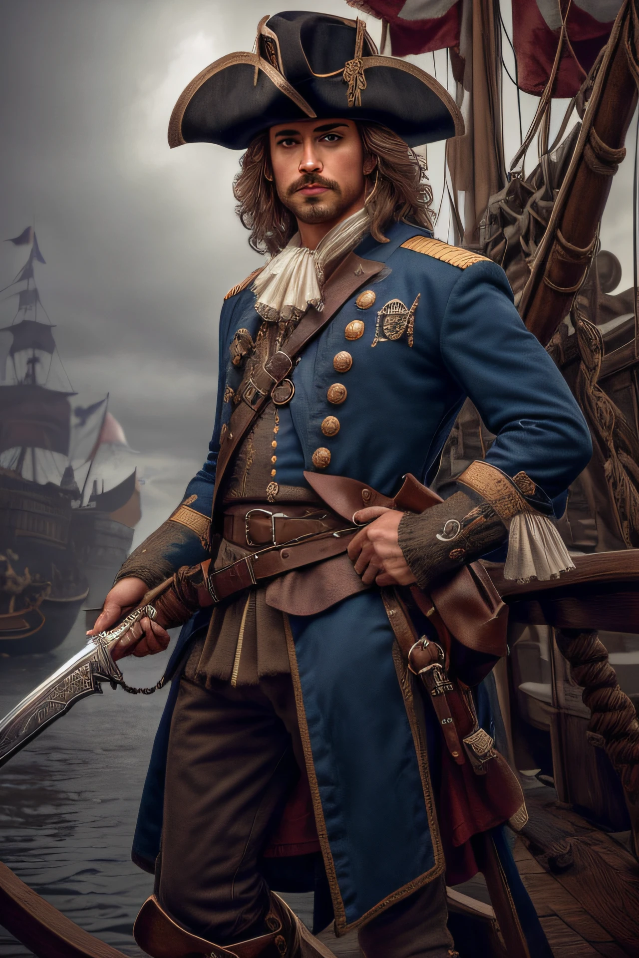 (full shot, full body), (MusketPunkAI, man, 1man ) BREAK photorealistic, shot by Steven Spielberg, (full body), pirate has a knife in his teeth to prepare for the assault, short hair, on the pirate ship, masterpiece, HDR, best quality, skin pores, intricate detail, detailed face_and_eyes, realistic human hands, sophisticated detail, realistic lighting, centerfold, 8k