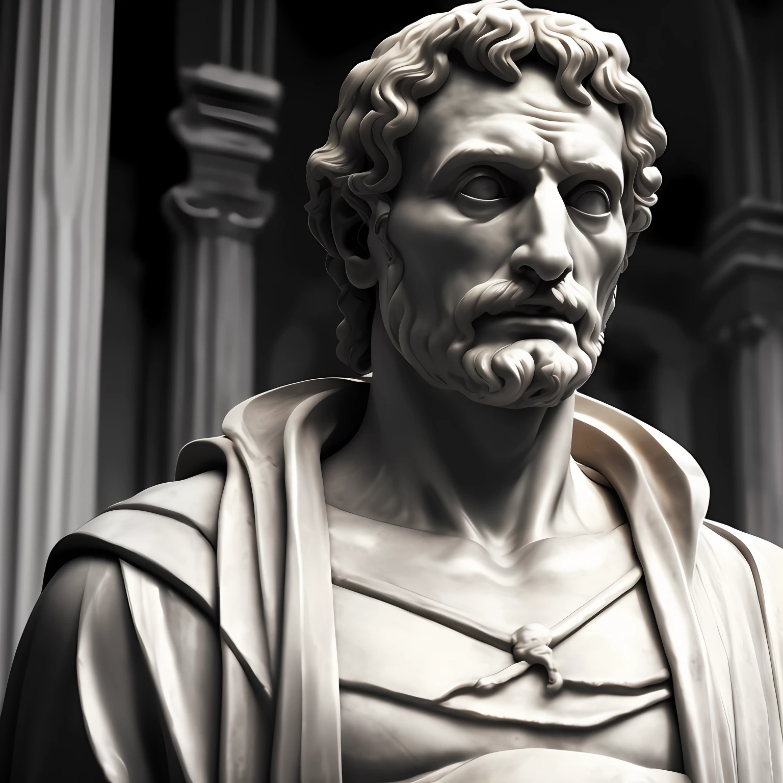 Seneca, close-up of a classic greek philosopher, statue in a temple, stoic posture, greek god, wisdom, cinematic feel, black and white, ultra realistic