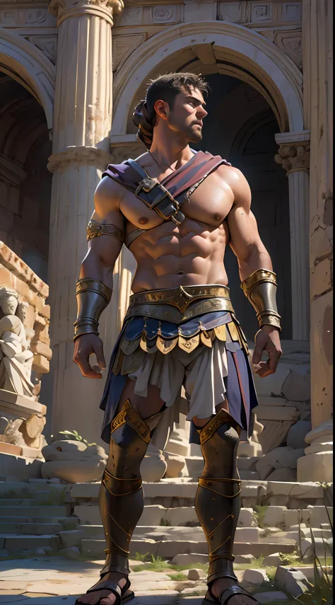 Herculean gladiator, bare chest, lower body revealed from thighs to feet, long curls cascading, meticulous muscle definition, ph...