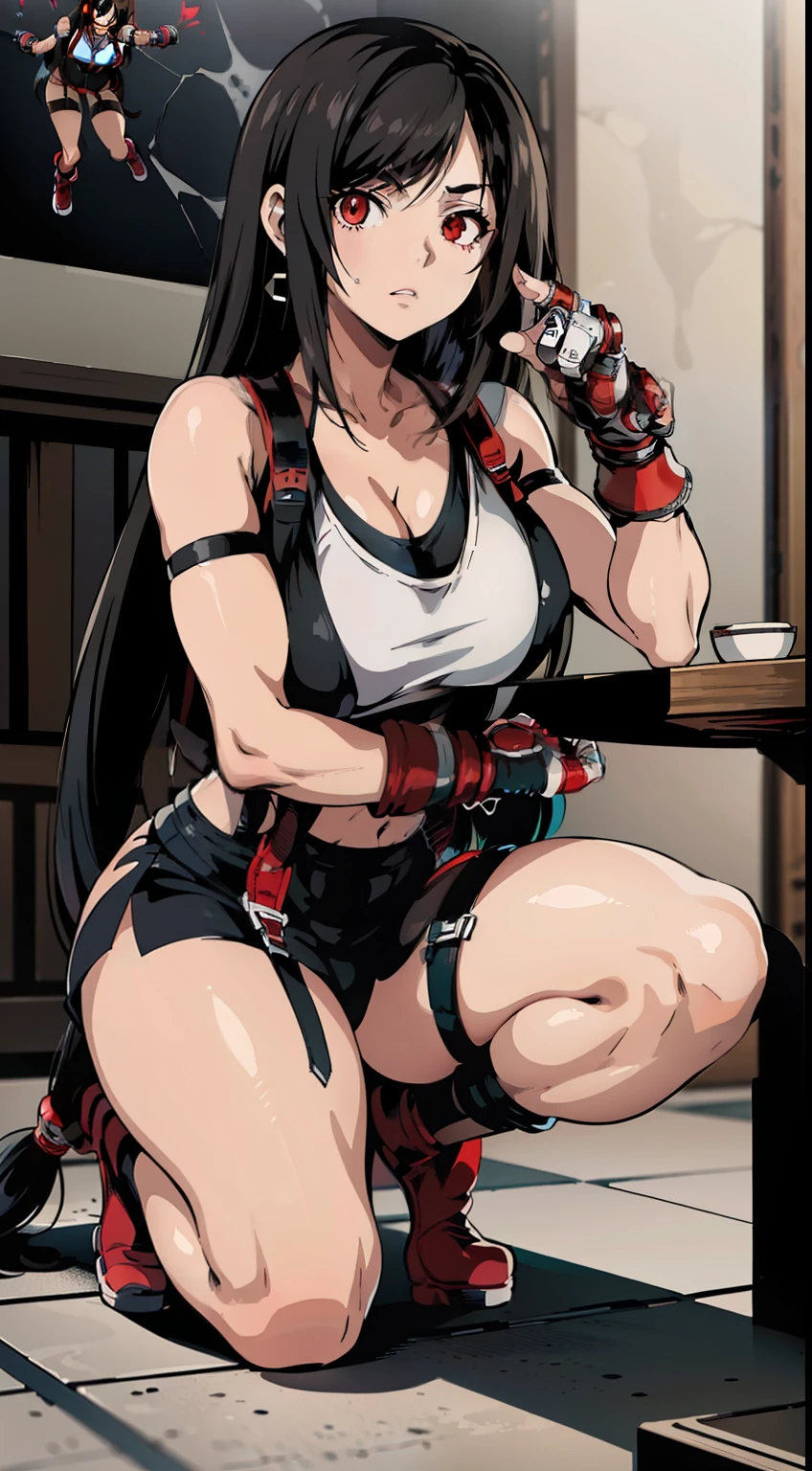 (Anime) . ((((Tifa Lockhart)))), red eyes, full body, indoors . (Masterpiece: 1.8), k quality, final fantasy artwork concept, detailed manga eyes, detailed hair, detailed clothes, detailed body, sharper drawings, pronounced detailed face, shiny objects like jewelry, see the creases on the clothes, more consistent clothes, more rounded eyes, globular transparent liquid eyes, more colors, more consistent clothes , correct clothing features, better eye line, better shoulders, really colorful, coarser line, black line, finishing. (drowing (anime (manga (comics)))) (coarser stroke: 1.8) (black stroke: 1.8) (color: 1.8) (clean: 1.8) (color contrast: 1.8) (black outline: 1.8) (adjusted color contrast: 1.8) (shadow play: 1.8) (manga eyes: 1.8) (muscle: 1.5 ) (rendering homogeneous: 1. 3)
